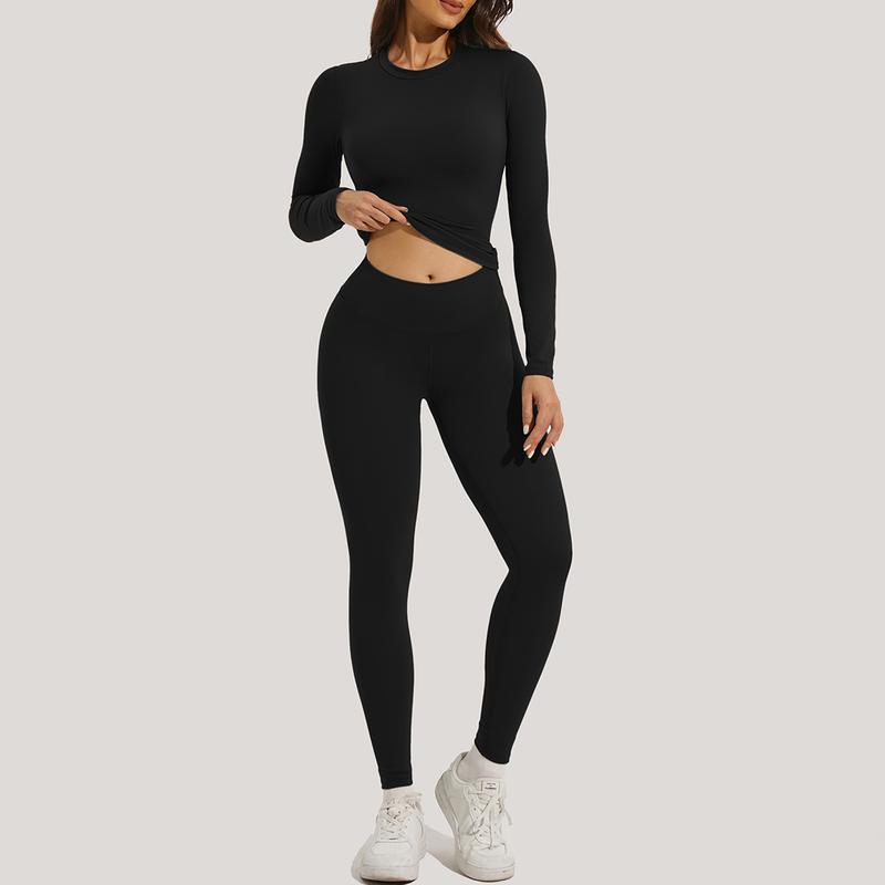 2 Counts Plain Round Neck Crop Tee&High Waist Leggings Tracksuit Set Sportswear Breathable Quick Drying  Sleeve T-Shirt&Skinny Pants Set