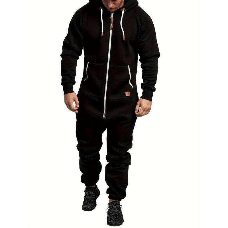 Men's Jumpsuit Drawstring Hoodie Full Zip Sportswear with Pockets, Men's Hooded Suede Jumpsuit, Long Sleeve Full Zip Jumpsuit Band