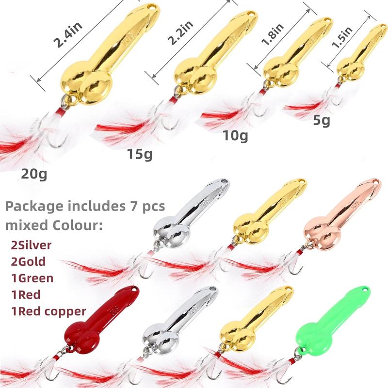 7 count Topwater Fishing Lures  Kit ,5g 10g 15g 20g Bass Fishing Lure with Custom Made Trebles Hooks Red and White Feathers,Specific   Green Red Red Copper Mixed Colour