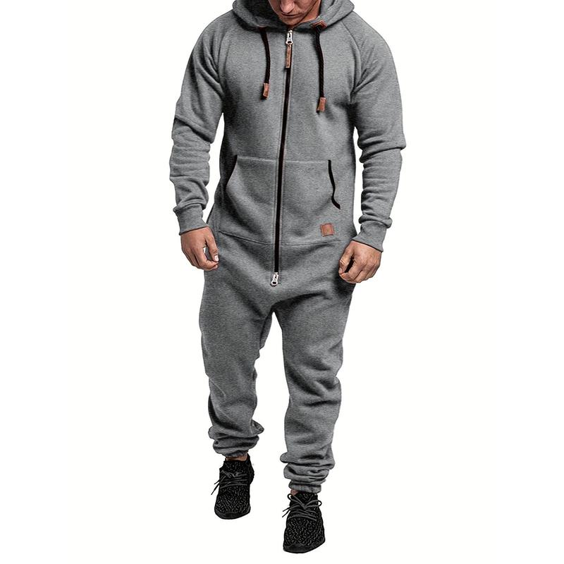 Men's Jumpsuit Drawstring Hoodie Full Zip Sportswear with Pockets, Men's Hooded Suede Jumpsuit, Long Sleeve Full Zip Jumpsuit Band