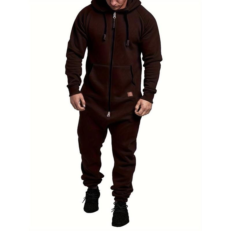 Men's Jumpsuit Drawstring Hoodie Full Zip Sportswear with Pockets, Men's Hooded Suede Jumpsuit, Long Sleeve Full Zip Jumpsuit Band