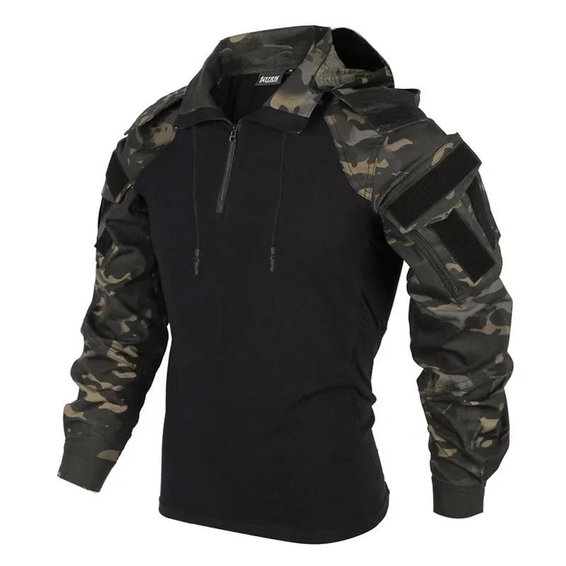 Outdoor Shirts Camo Combat T-Shirt Hooded Mens Working Tactical Shirt Airsoft Paintball Camping Hunting Clothing Wear-resisting