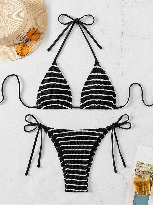 Two-Piece Set Women's Striped Print Halter Bikini Set, Casual Tie Back Triangle Swim Bra & Tie Side Swim Panty, Fashion Chic Swimwear Set for Beach Holiday Vacation