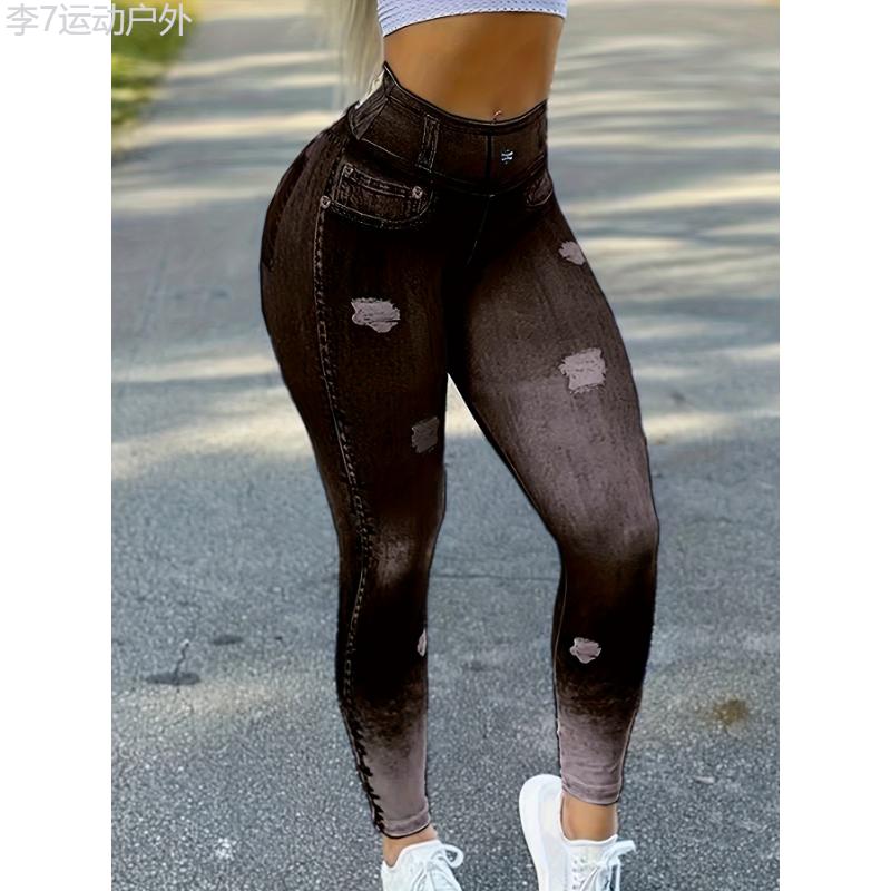 Chic Faux Denim Print High Waist Butt Lifting Sport Leggings - Stretchy Activewear for Womens Fashionable Fitness