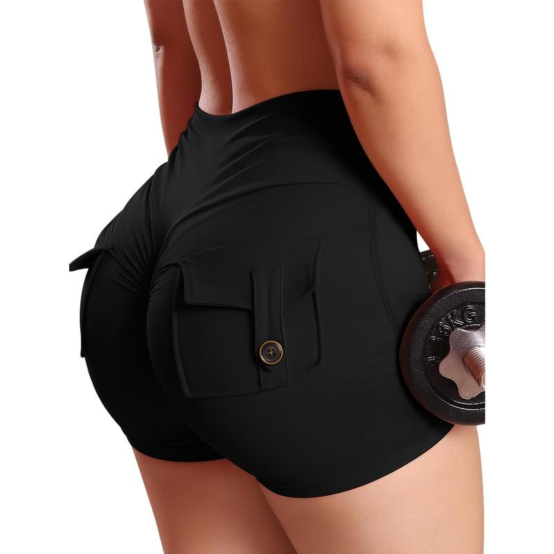 For Women with Pocket Shorts Tight Butt Workout Cargo Shorts V Waist Yoga Booty Lift Gym Bottom, Solid Color