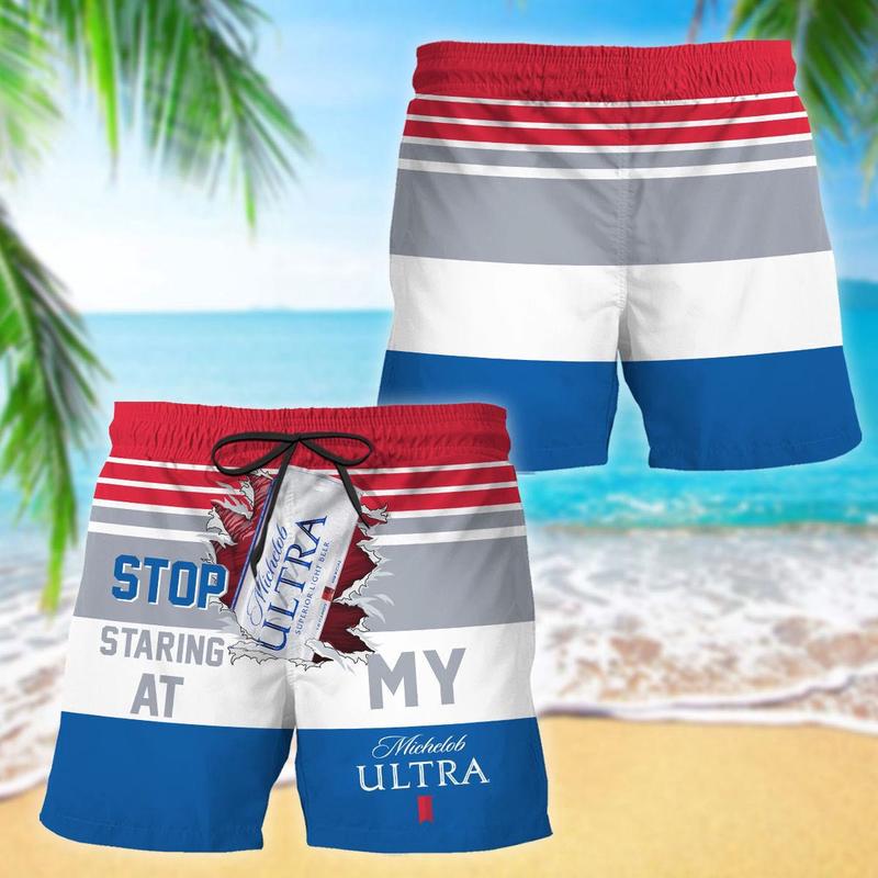 Michelob Ultra Stop Staring At Horizontal Striped Swim Trunks, Hawaiian Short Underwear for men Dad Friend