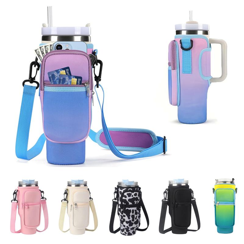 Tumbler Carrier Bag, Portable Water Bottle Bag for 40oz, Adjustable Shoulder Strap, Water Bottle Carrying Bag with Cell Phone Pouch, Water Bottle with Straw Cover Carabiner, Holder for Outdoor Sports