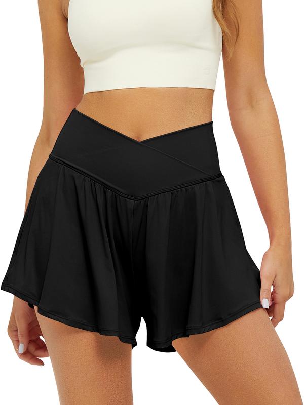 FireSwan Everyday Crossover Workout Shorts for Women Side Pocket 2-in-1 Tennis Skorts with Spandex Butterfly Flowy Running Shorts