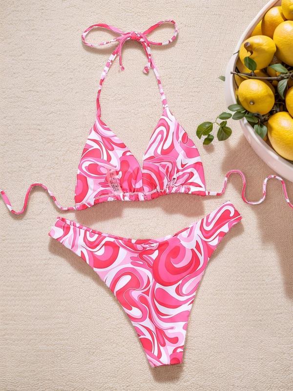 Two-Piece Set Women's All Over Print Tie Back Bikini Set, Swimsuit Sets Bathing Suits 2024 for Women Summer, Casual Halter Triangle Wireless Bra & High Cut Panty Swimsuit, Fashion Chic Ladies Swimwear for Summer Beach Holiday Vacation, Clothes Women