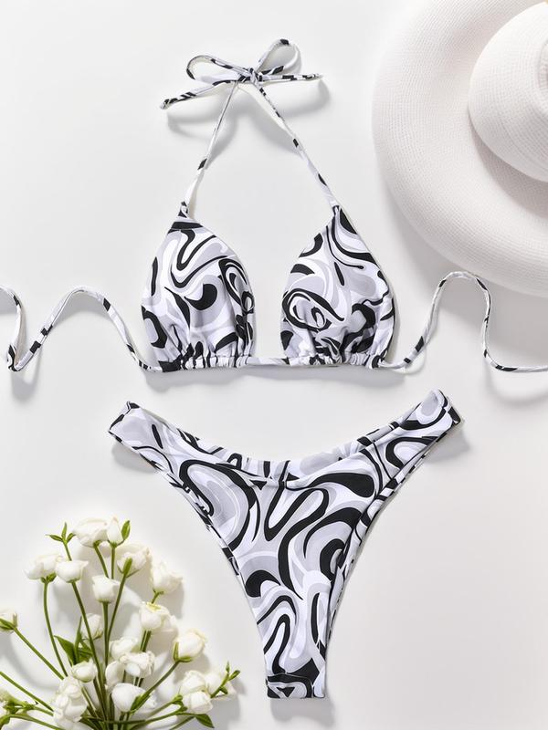 Two-Piece Set Women's All Over Print Tie Back Bikini Set, Swimsuit Sets Bathing Suits 2024 for Women Summer, Casual Halter Triangle Wireless Bra & High Cut Panty Swimsuit, Fashion Chic Ladies Swimwear for Summer Beach Holiday Vacation, Clothes Women