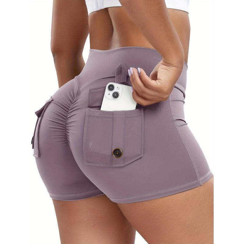 For Women with Pocket Shorts Tight Butt Workout Cargo Shorts V Waist Yoga Booty Lift Gym Bottom, Solid Color