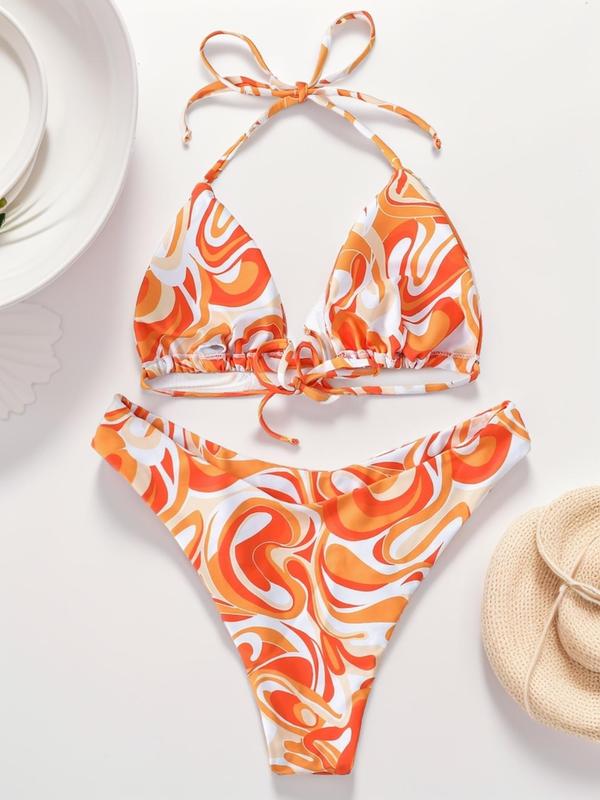 Two-Piece Set Women's All Over Print Tie Back Bikini Set, Swimsuit Sets Bathing Suits 2024 for Women Summer, Casual Halter Triangle Wireless Bra & High Cut Panty Swimsuit, Fashion Chic Ladies Swimwear for Summer Beach Holiday Vacation, Clothes Women