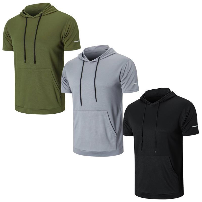 Hot!!! Men's 3 Pack Workout Shirts quick drying Moisture Wicking Short Sleeve Mesh Athletic T-Shirts with Hoodeds (with hood)