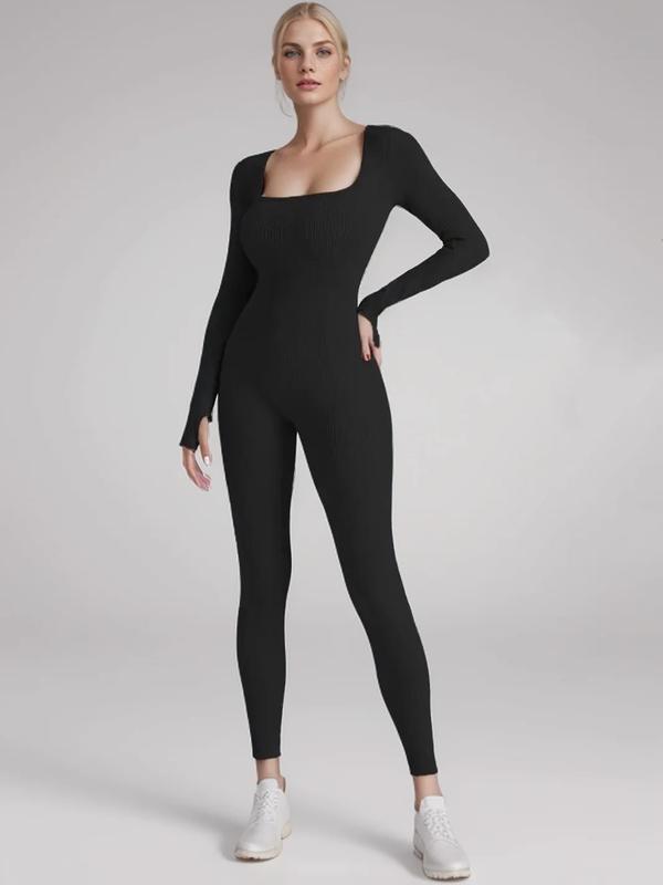 Women's Yoga Bodysuit Ribbed One-Piece Trousers Long Sleeve Sports Jumpsuit