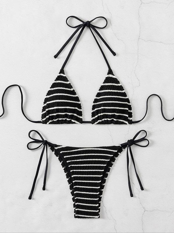 Two-Piece Set Women's Striped Print Halter Bikini Set, Casual Tie Back Triangle Swim Bra & Tie Side Swim Panty, Fashion Chic Swimwear Set for Beach Holiday Vacation