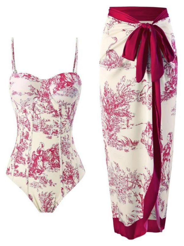 Two-piece Set Women's Landscape Print Swimsuit Set, Corset One-piece Swimsuit & Tie Side Wrap Cover Up Skirt Set, Chic Swimwear Set for Beach Holiday Vacation