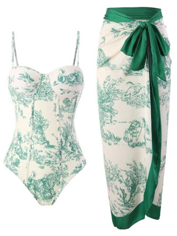 Two-piece Set Women's Landscape Print Swimsuit Set, Corset One-piece Swimsuit & Tie Side Wrap Cover Up Skirt Set, Chic Swimwear Set for Beach Holiday Vacation