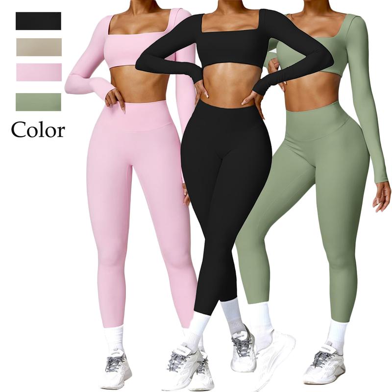 Women's 2 Piece Workout Set - Twist Front Long Sleeve Crop Top and High Waist Flared Leggings