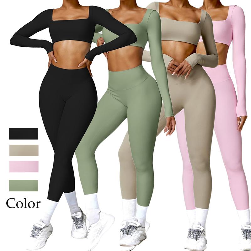 Workout Sets for Women 2 Piece Twist Front Long Sleeve Crop Tops High Waist Flared Leggings Gym Sets