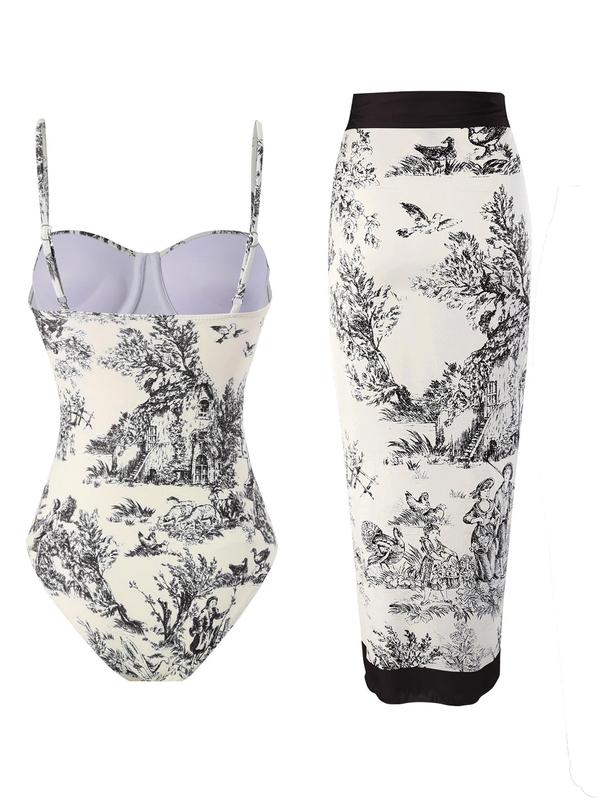 Two-piece Set Women's Landscape Print Swimsuit Set, Corset One-piece Swimsuit & Tie Side Wrap Cover Up Skirt Set, Chic Swimwear Set for Beach Holiday Vacation