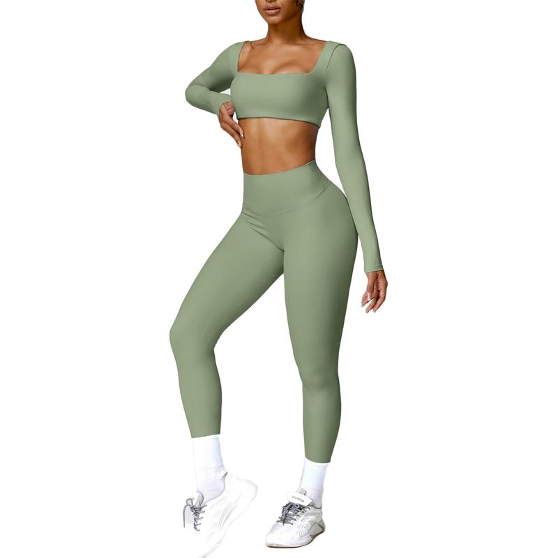 Women's 2 Piece Workout Set - Twist Front Long Sleeve Crop Top and High Waist Flared Leggings