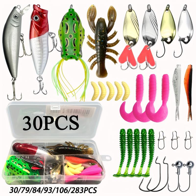 30 79 84 93 106 283pcs Fishing Lures For Topwater, Fishing Hooks Tackle Kit For Bass Trout Salmon, Fishing Accessories Lure Kit Box, Including Minnow Popper Spoon Lures Soft Plastic Worms Bait Rigs Jigs Head