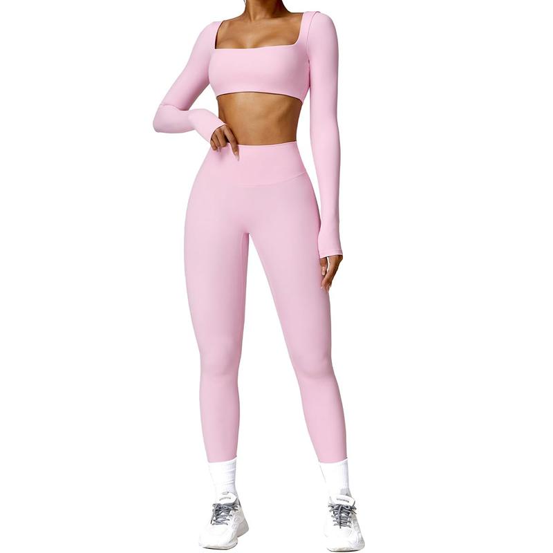 Women's 2 Piece Workout Set - Twist Front Long Sleeve Crop Top and High Waist Flared Leggings