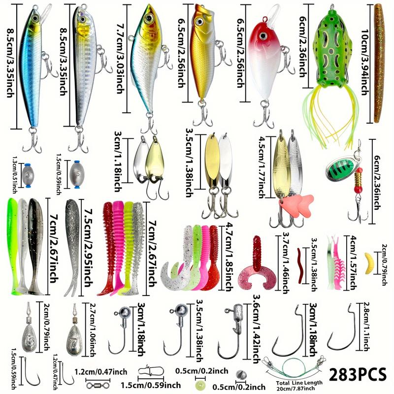 30 79 84 93 106 283pcs Fishing Lures For Topwater, Fishing Hooks Tackle Kit For Bass Trout Salmon, Fishing Accessories Lure Kit Box, Including Minnow Popper Spoon Lures Soft Plastic Worms Bait Rigs Jigs Head