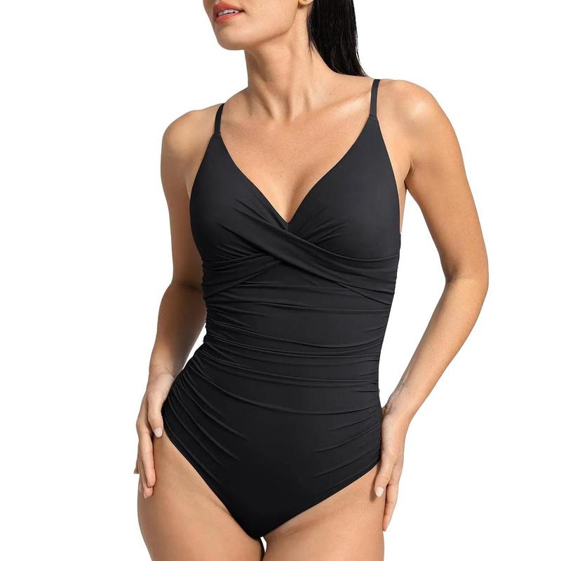 Popilush Shapewear Ruched Cross-Front One-Piece Swimsuit