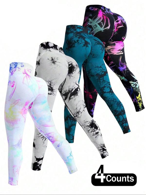 Plus Size Solid Color & Tie Dye Print Sports Leggings, Comfy Breathable High Stretch Yoga Leggings,  Yoga Pants, Ladies Sportswear for Indoor Outdoor Wear, Tummy Control