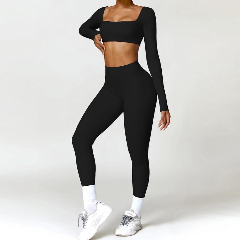 Workout Sets for Women 2 Piece Twist Front Long Sleeve Crop Tops High Waist Flared Leggings Gym Sets