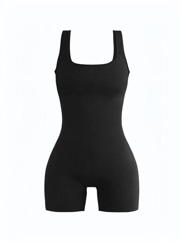 Women's Solid Backless Sports Tummy Control Romper, Fall Outfits, Casual Sporty Square Neck High Waist Bodycon Romper for Yoga Gym Workout, Back-to-School Clothing, Minimalistic Outfit, Fall Clothes, Fall Clothes 2024