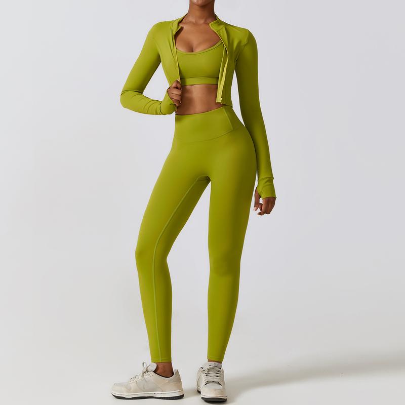 Women's 3 Piece Cropped Jacket Yoga Workout Set, High Waist Leggings, Sports Bra and Cropped Coat. Waist Snatching Fitness Workout Set, Gym Wear Activewear Comfy, Fall Spring Summer Winter Outfit , Active Seamless Womenswear Sports Running Tracksuit