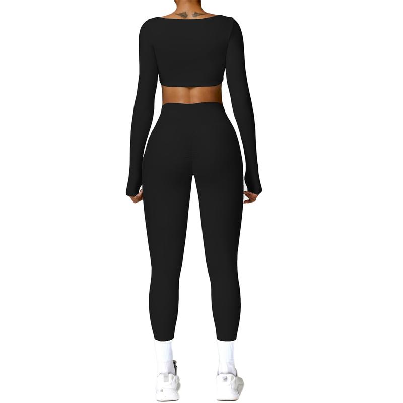 Women's 2 Piece Workout Set - Twist Front Long Sleeve Crop Top and High Waist Flared Leggings