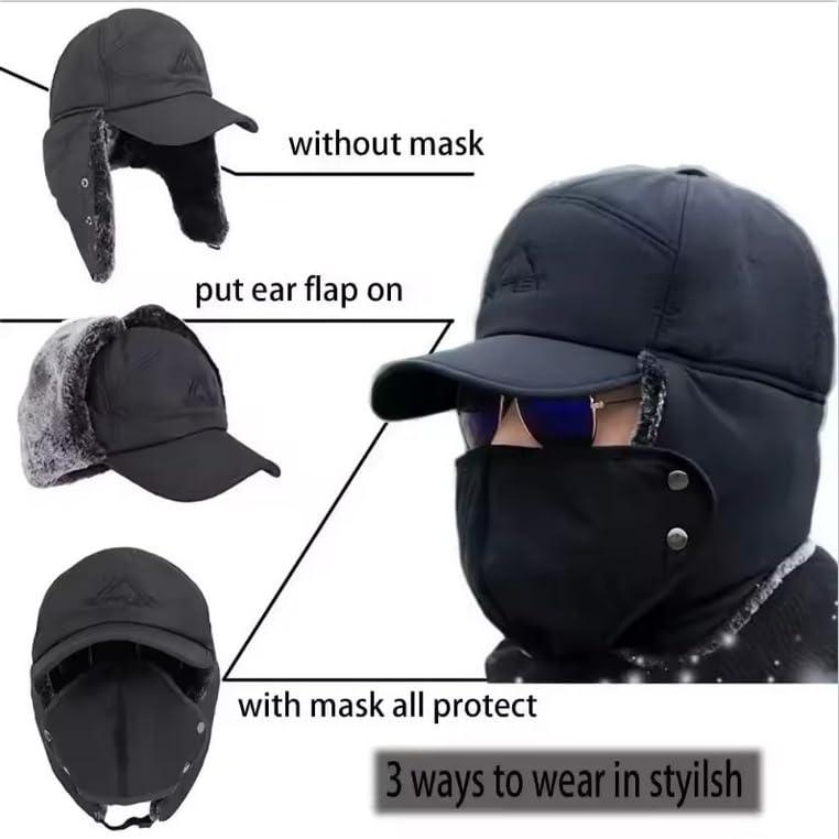 Winter Essentials Warm Hat, Winter Hat with Ear Flaps, 3 in 1 Thermal Fur Lined Trapper Hat Windproof Cycling Headwear 51