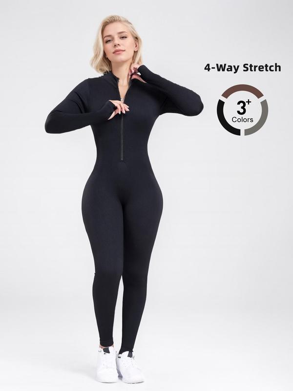 Sporty Women's Solid Color Half Zip Mock Neck Sports Jumpsuit, Sporty Thumb Hole Long Sleeve Skinny Jumpsuit for Yoga Gym Workout, Ladies Sportswear for Fall & Winter