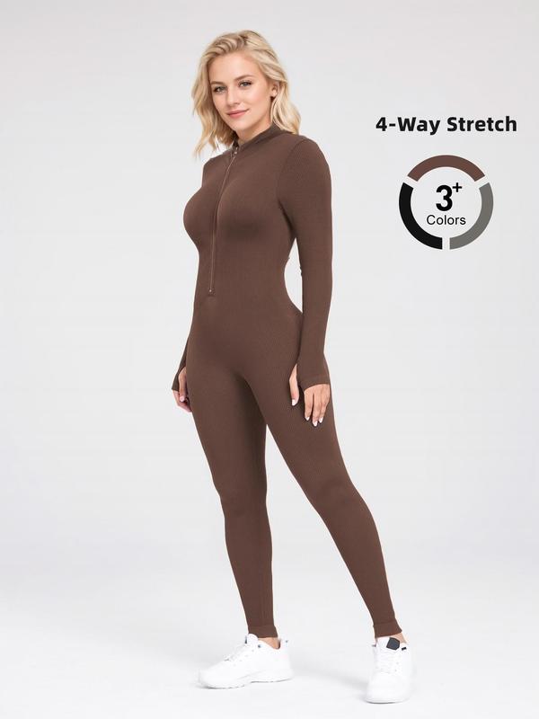 Sporty Women's Solid Color Half Zip Mock Neck Sports Jumpsuit, Sporty Thumb Hole Long Sleeve Skinny Jumpsuit for Yoga Gym Workout, Ladies Sportswear for Fall & Winter