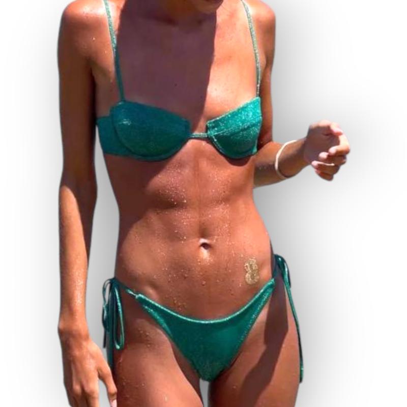 Women's glossy string bikini set soild swimsuit Women's Fashion Bikini Green Halter Sport Swimsuit Beach Vacation Low Cut Shiny Two Piece Tie esli  swimming suit