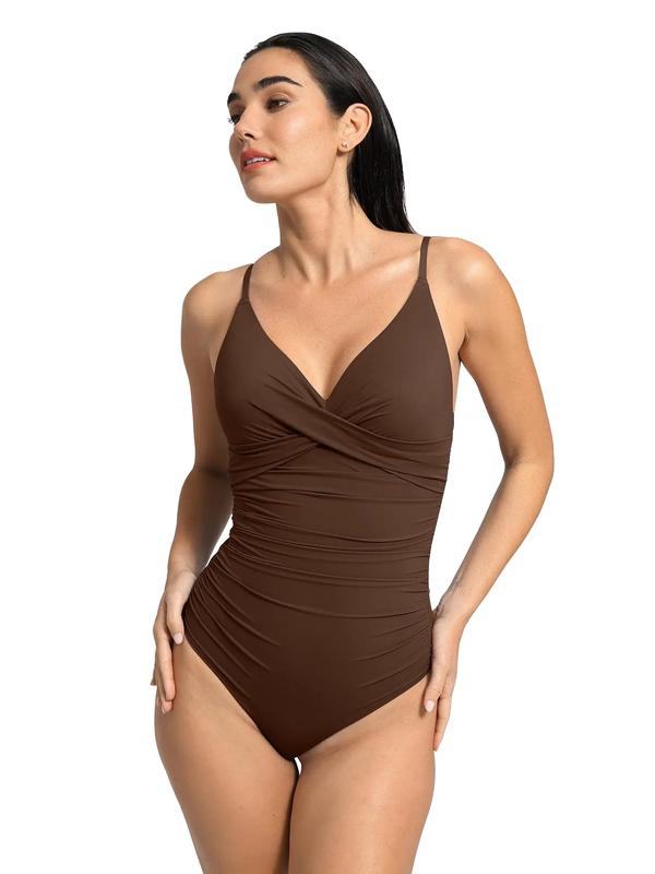 Popilush Shapewear Ruched Cross-Front One-Piece Swimsuit