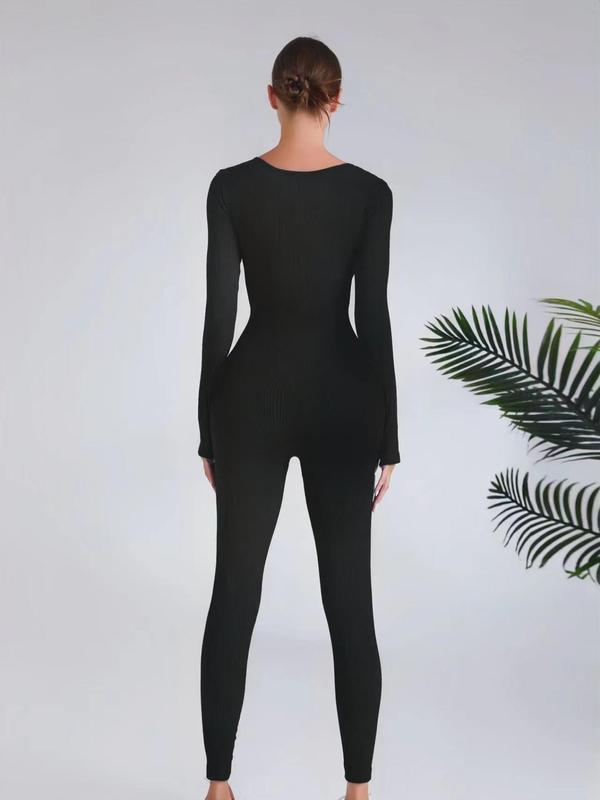 Women's Solid Long Sleeve Square Neck Sports Jumpsuit, Casual Comfy Bodycon Jumpsuit for Yoga Gym Workout, Jumpsuit for Women, Ladies Sportswear for All Seasons Compression Garment