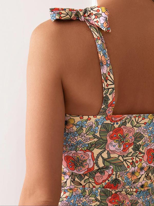 Women's All Over Floral Print Backless One-piece Swimsuit, Casual Tie Shoulder Sleeveless Swimwear for Beach Holiday Vacation, Ladies Swimsuit for All Seasons