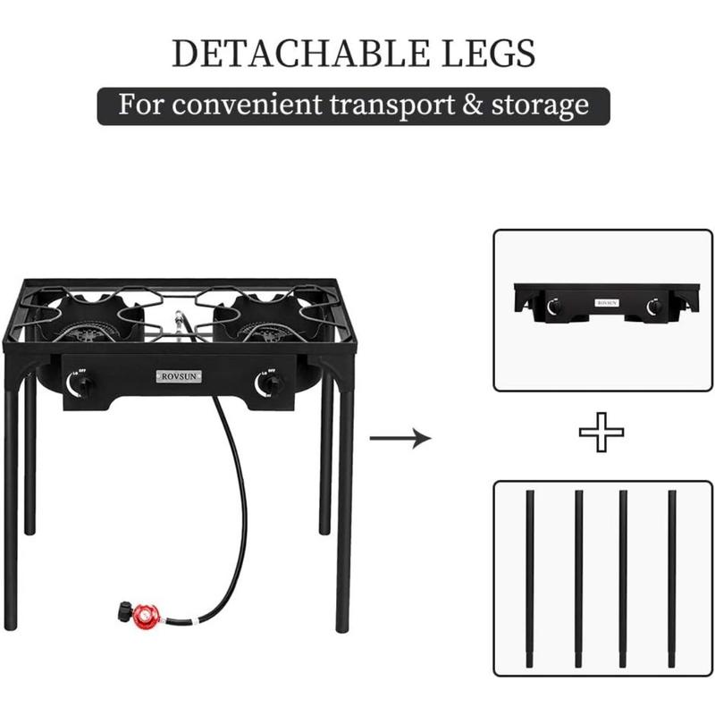 2 Burner Outdoor Portable Propane Stove Gas Cooker, Heavy Duty Iron Cast Patio Burner with Detachable Stand Legs for Camp Cooking (2-Burner 150,000-BTU)