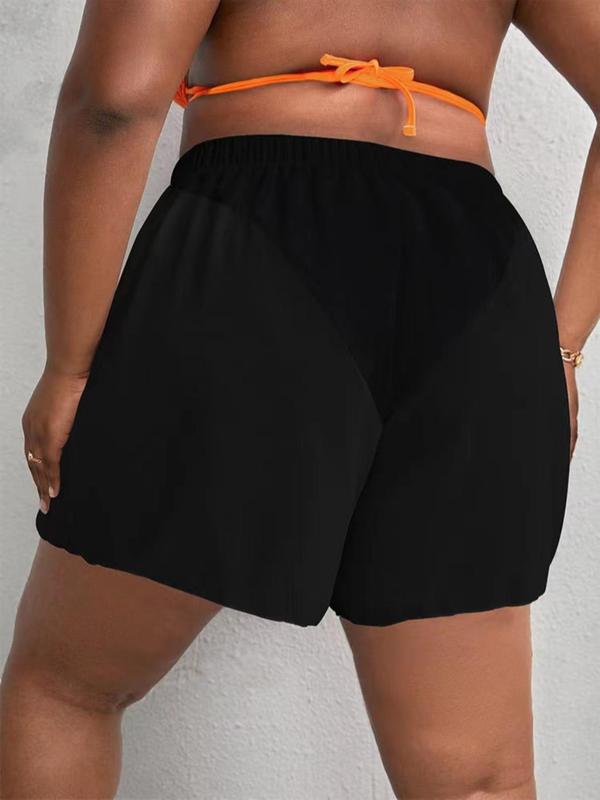 Plus Size Plain Tassel Tie Front Elastic High Waist Shorts, Casual Swim Shorts for Summer, Women's Swimwear Bottoms for Beach Vacation Holiday