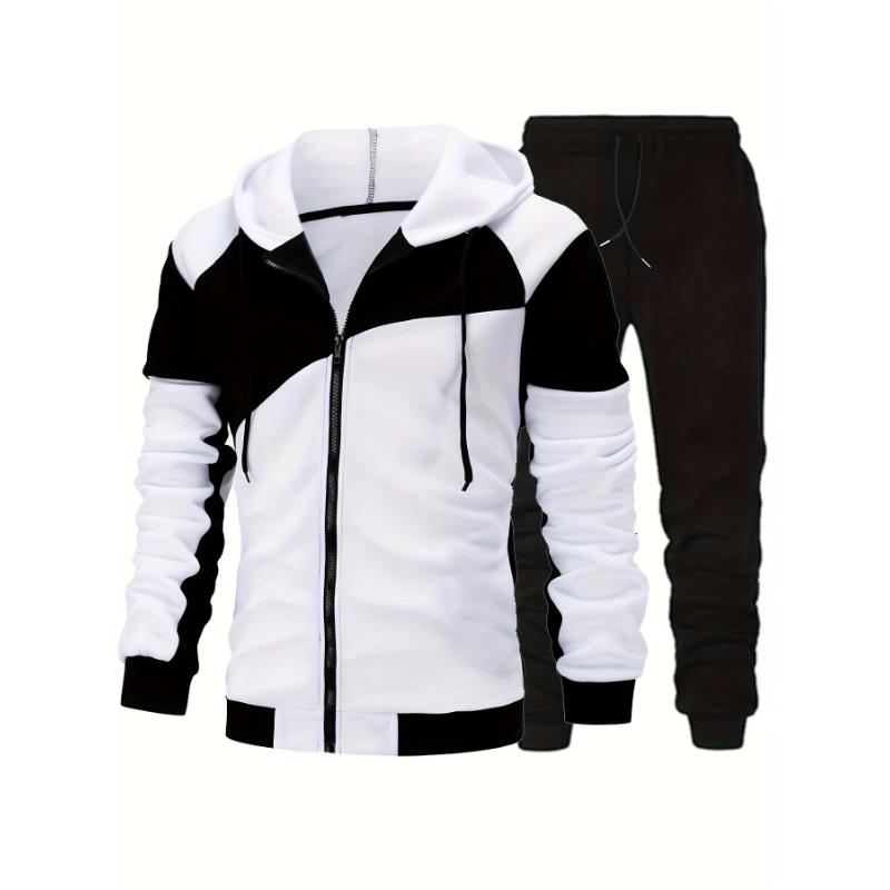 2-piece Men's Fall Winter Sports Outfit Set, Men's Color Block Long Sleeve Hooded Zip Up Sports Jacket & Solid Drawstring Joggers Set