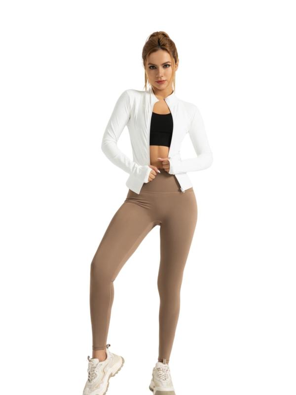 Two-piece Set Women's Solid Zip Up Mock Neck Sports Jacket & High Waist Leggings Set, Sporty Breathable Quick Drying Outfits for Yoga Gym Workout Running, Ladies Sportswear for All Seasons