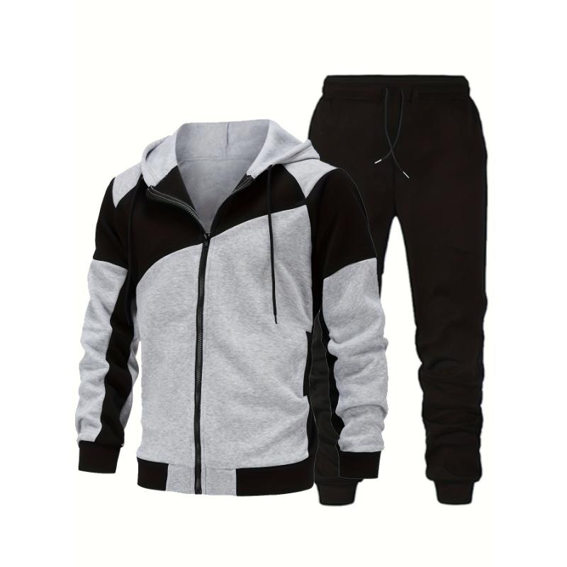 2-piece Men's Fall Winter Sports Outfit Set, Men's Color Block Long Sleeve Hooded Zip Up Sports Jacket & Solid Drawstring Joggers Set