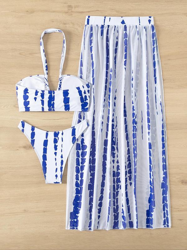 Three-piece Set Women's Tie Dye Print Criss Cross Padded Halter Bra & Split Thigh Skirt & High Cut Panty Swimwear Set, Boho Cut Out Sleeveless Top & High Waist Long Skirt & Panty Summer Swimwear Set, Bathing Suits Women, Minimalistic Outfit