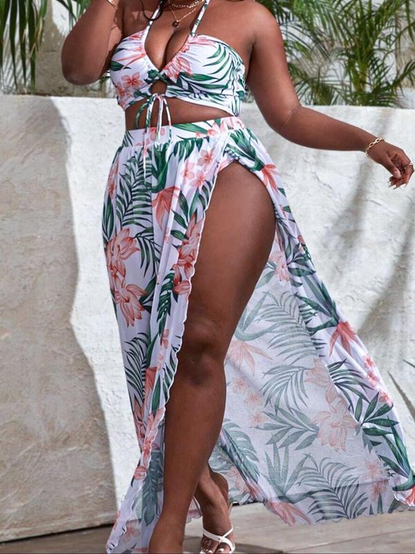 Plus Size Three-Piece Set Floral Print Swimsuit Set, Boho Tie Front Crop Swim Top & Split Thigh Skirt & Swim Bottom, Women's Swimwear for Beach Vacation