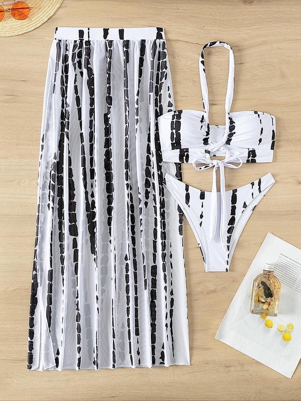 Three-piece Set Women's Tie Dye Print Criss Cross Padded Halter Bra & Split Thigh Skirt & High Cut Panty Swimwear Set, Boho Cut Out Sleeveless Top & High Waist Long Skirt & Panty Summer Swimwear Set, Bathing Suits Women, Minimalistic Outfit