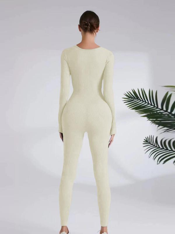 Women's Solid Long Sleeve Square Neck Sports Jumpsuit, Casual Comfy Bodycon Jumpsuit for Yoga Gym Workout, Jumpsuit for Women, Ladies Sportswear for All Seasons Compression Garment